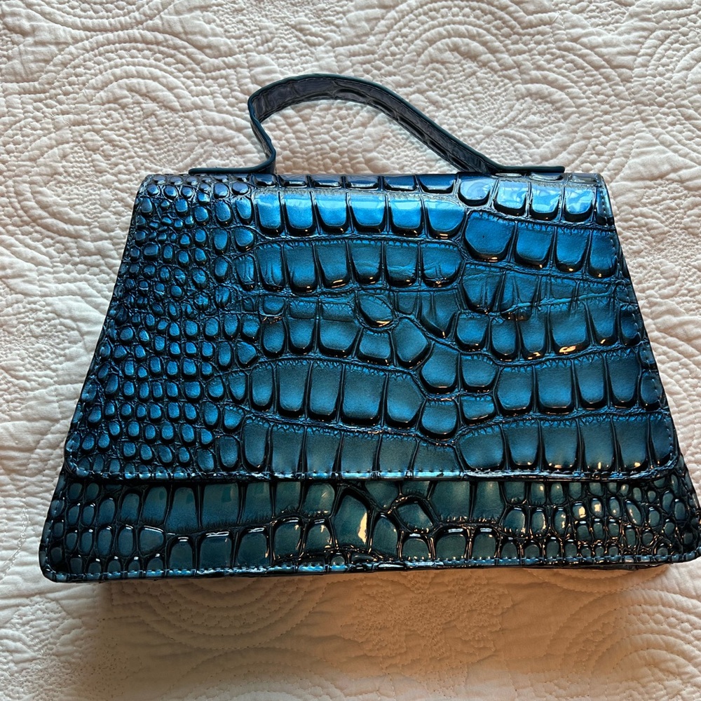 Geir Ness Norway Metallic Blue Croc Embossed Top Handle Flap Satchel Bag